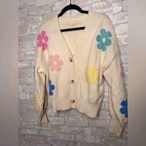S/M Lila Lila cream knit v-neck cardigan with multi-colored floral patches